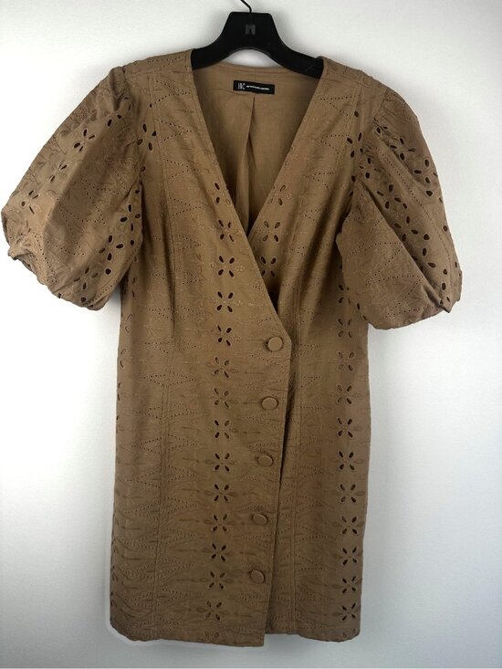 INC International Concepts Dresses & Skirts - INC International Concepts Eyelet Dress Brown Tan Puff Sleeve Button Front Cotto
